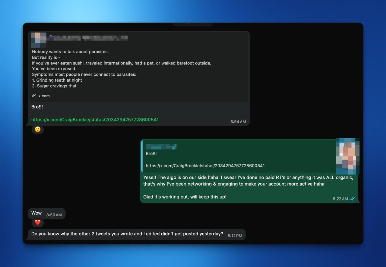 Anonymized client conversation celebrating organic results