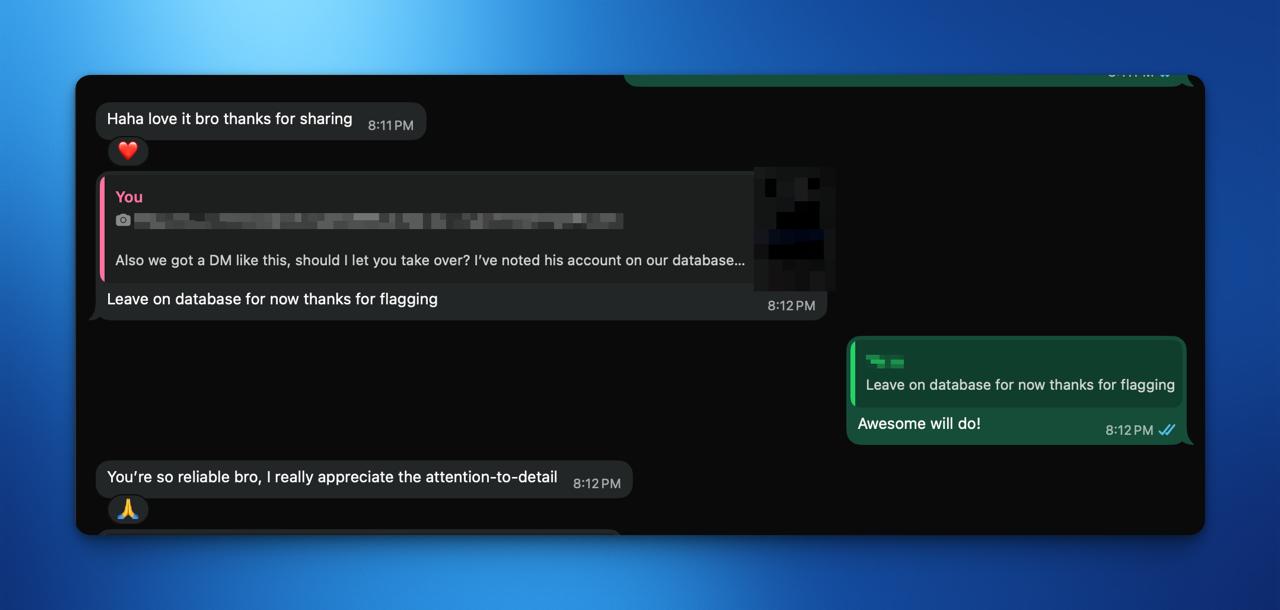 Anonymized client message appreciating reliability and attention to detail