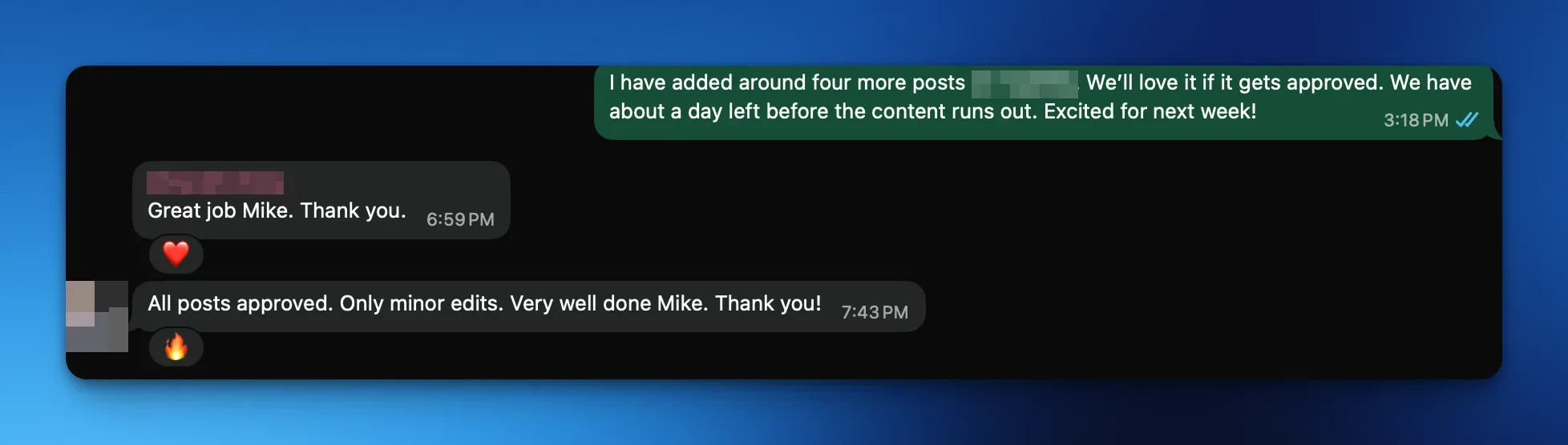 Blurred Client CB communication screenshot approving posts and thanking Mike