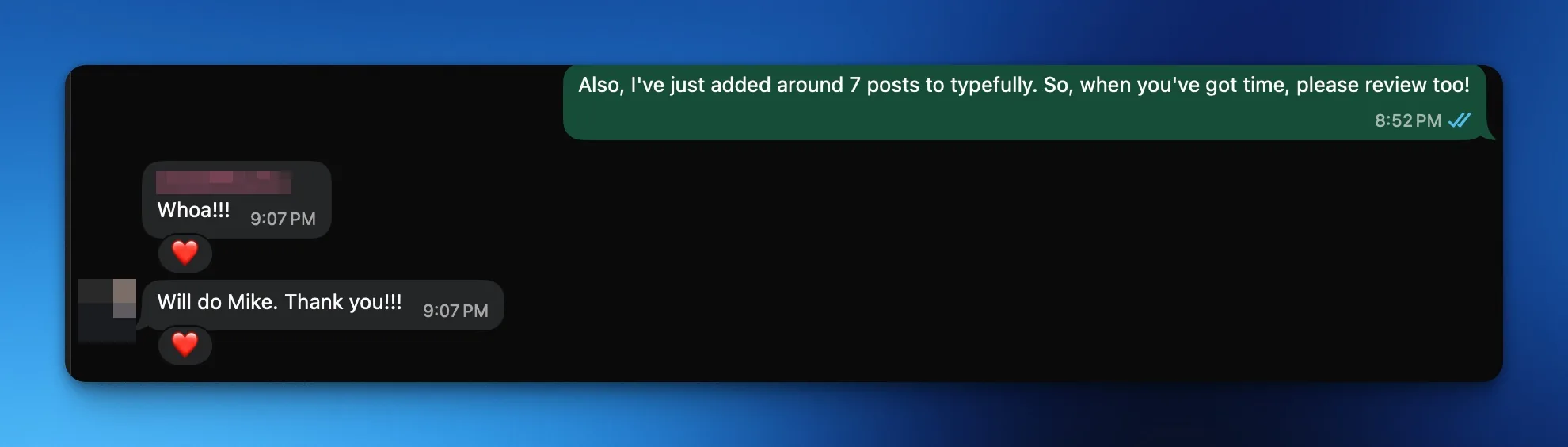 Blurred Client CB communication screenshot responding to posts added for review