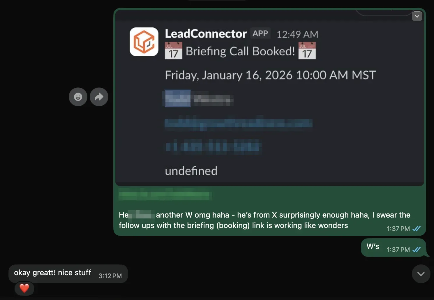 Booking notification for a call that came from X, third-party details blurred, with Client RM's reply