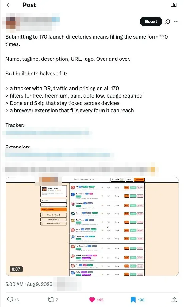 Client post with the handle and view count covered: 196 bookmarks and 145 likes on a launch-directories post
