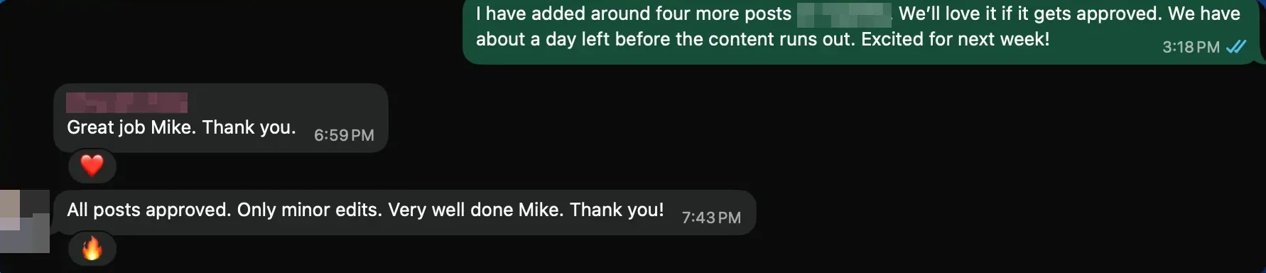 A health founder's message: all posts approved, only minor edits