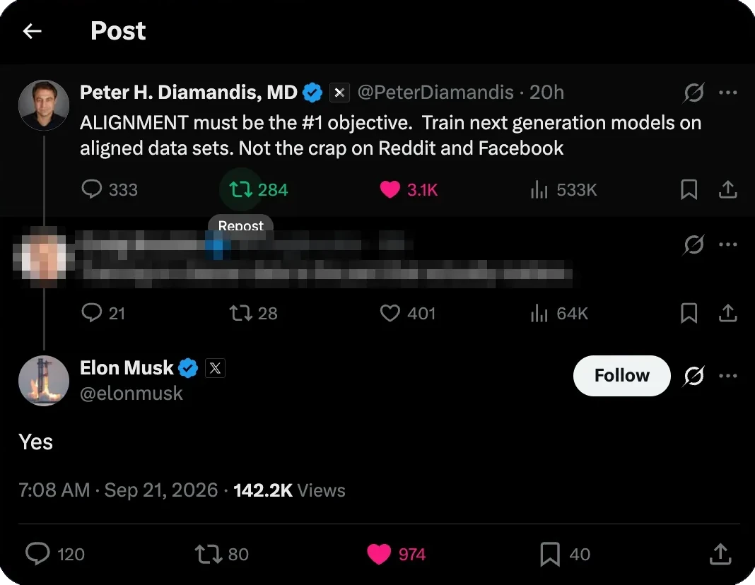 Elon Musk replying Yes to a reply I wrote for a health client. Names blurred.