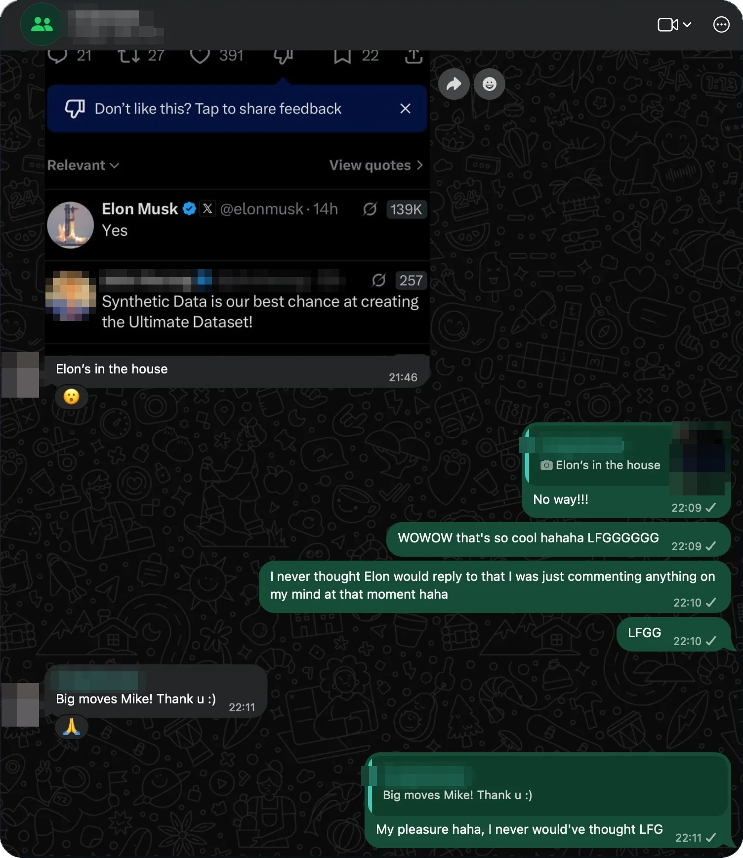 The client's group chat the night Elon replied: Big moves Mike, thank you. Names blurred