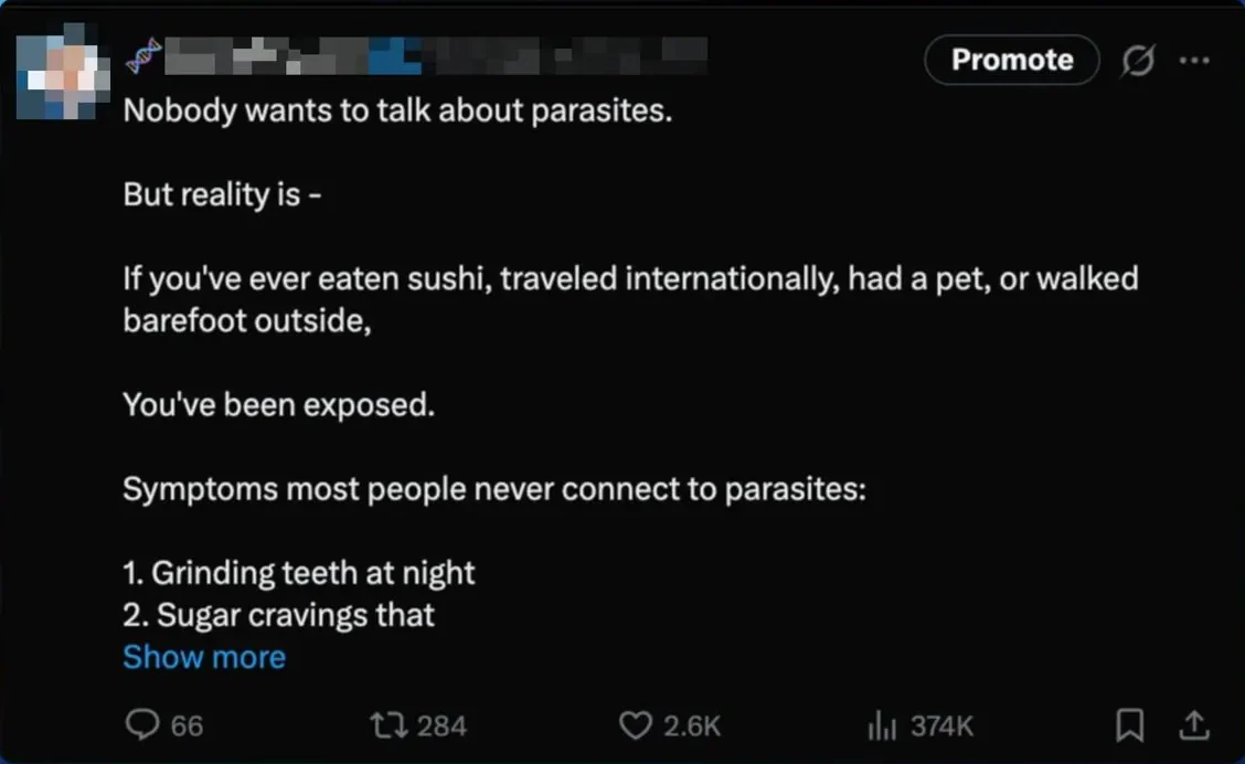 A health post about parasites at 374K views, name blurred