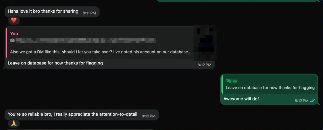 An agency owner's message: you're so reliable bro, I really appreciate the attention-to-detail
