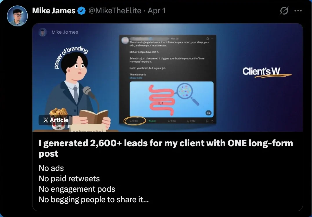 MikeTheElite's X highlights tab with the case study posts
